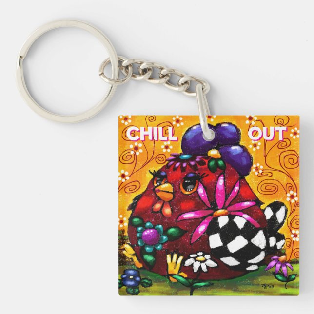 Whimsical Funky Chunky Floral Chicken Colourful Key Ring (Front)