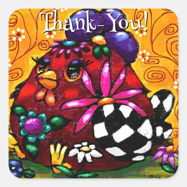Whimsical Funky Chunky Floral Chicken Colourful Square Sticker (Front)