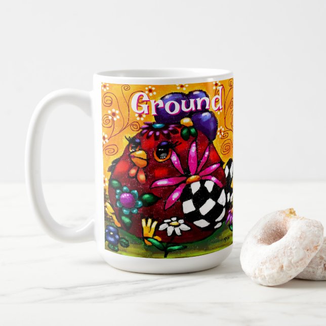 Whimsical Funky Chunky Floral Chicken Personalised Coffee Mug (With Donut)