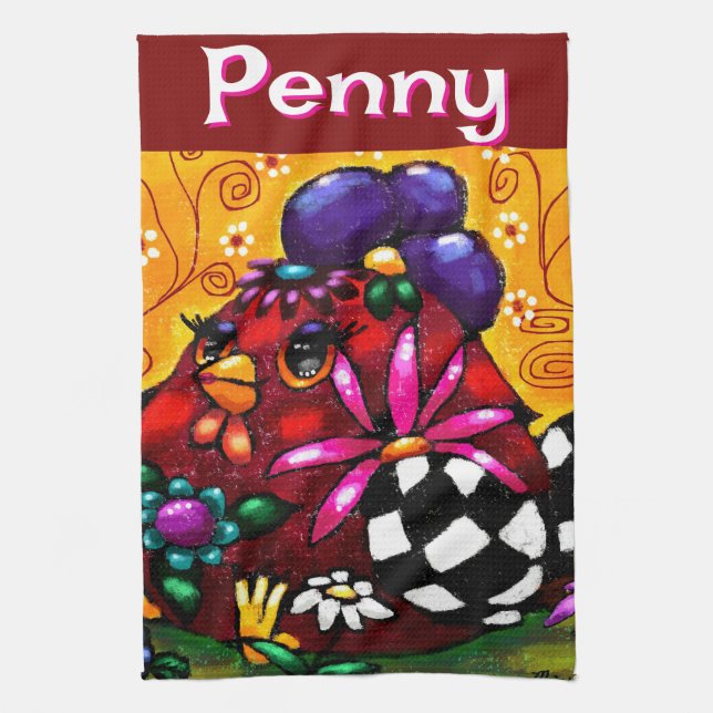 Whimsical Funky Chunky Floral Chicken Personalised Tea Towel (Vertical)