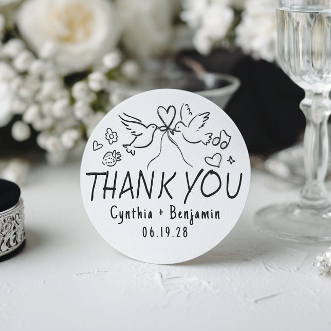 Whimsical Funky Cute Hand Drawn Wedding Thank You Classic Round Sticker (Hand-drawn Love Birds Sticker)