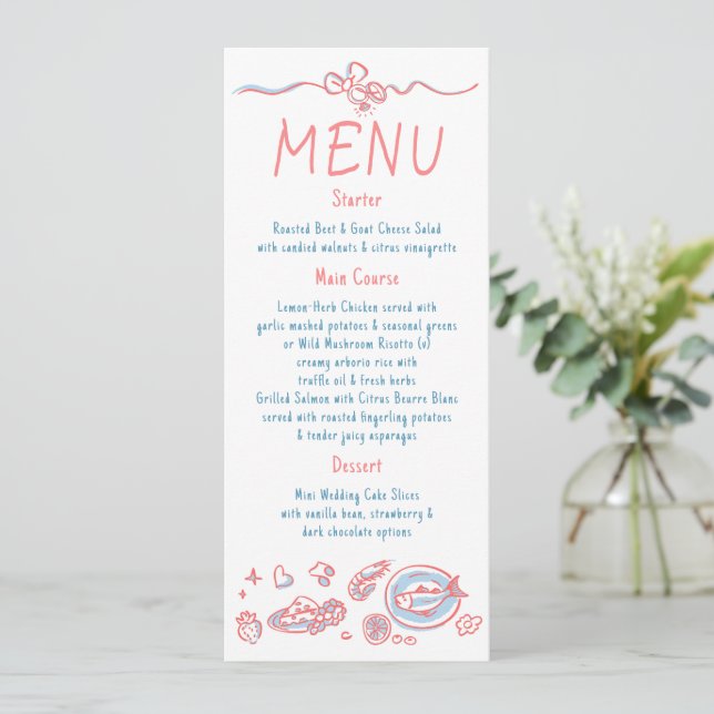 Whimsical Funky Decor Handwritten Wedding Menu (Standing Front)