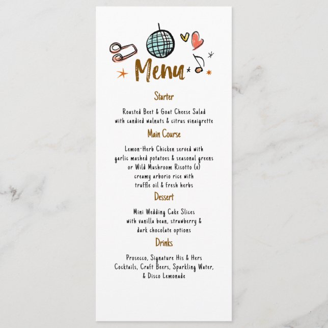 Whimsical Funky Decor Handwritten Wedding Menu (Front)