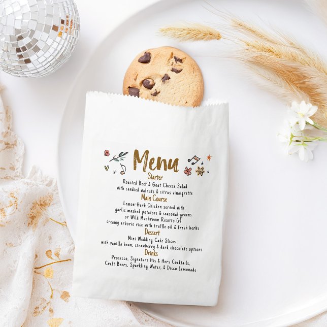 Whimsical Funky Decor Handwritten Wedding Menu Favour Bags (Wedding Menu Bag filled with fresh bread, cookies or napkin, utensils)