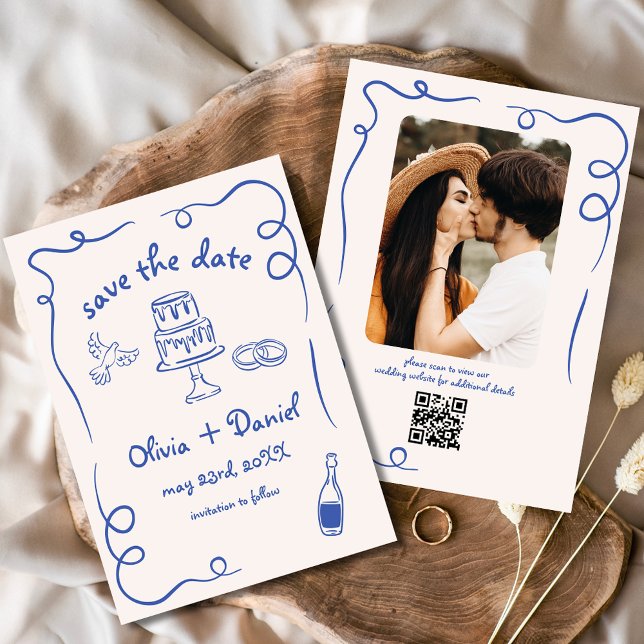 Whimsical Funky Hand Drawn Blue Wedding Photo Save The Date (Creator Uploaded)