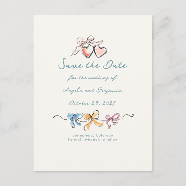 Whimsical Funky Hand Drawn Bows Save The Date Announcement Postcard (Front)