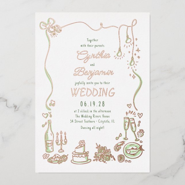 Whimsical Funky Hand Drawn Doodles Wedding (Front)