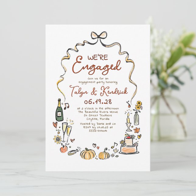 Whimsical Funky Hand Drawn Fall Engagement Party Invitation (Standing Front)