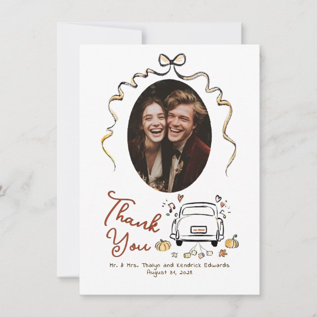 Whimsical Funky Hand Drawn Fall Wedding Photo Thank You Card (Front)