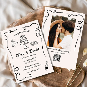 Whimsical Funky Hand Drawn Photo QR Code Wedding Invitation