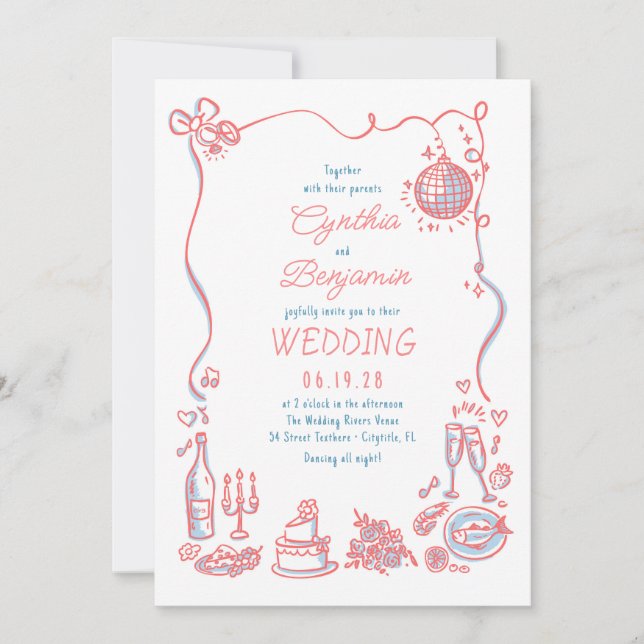 Whimsical Funky Hand Drawn Pink Blue Wedding Invitation (Front)