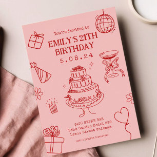 Whimsical Funky Quirky hand Drawing Birthday  Invitation