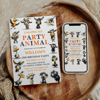 Whimsical Funny Animals 2nd Birthday Party Invitation