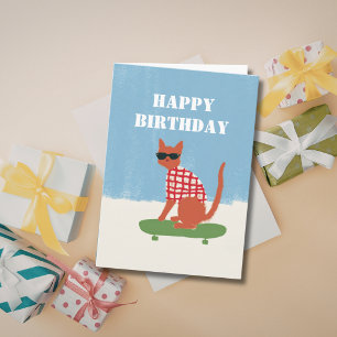 Whimsical Funny Cat on a Skateboard Birthday Humou Card