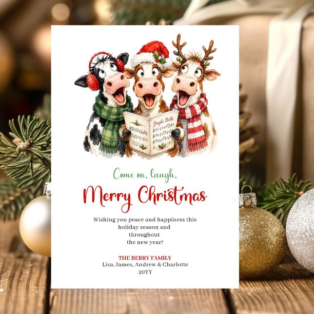 Whimsical Funny Cows Christmas Greeting Card Desig (Funny Christmas cow greeting card,
whimsical quirky cows farm Xmas,
cartoonish animals artistic holi)