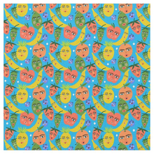 Whimsical Funny Fruit Salad Pattern Blue Fabric (Close Up)