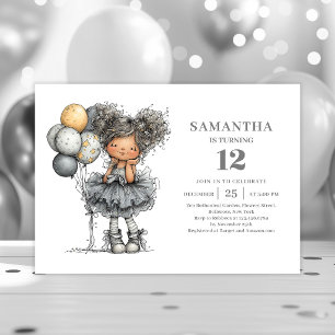 Whimsical Funny Girl 10th Black Gold Birthday  Invitation