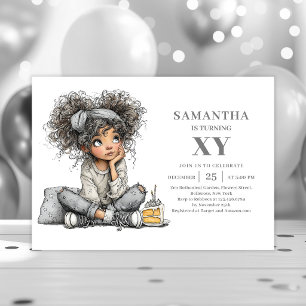 Whimsical Funny Girl Birthday Sketch Gold invites