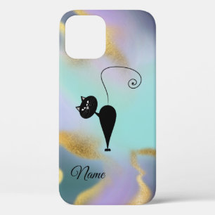 Whimsical Funny trendy black cat abstract iPhone 12 Case