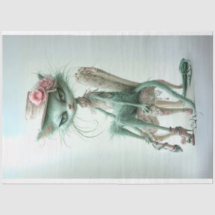 Whimsical Furry Sage Green Cat Decoupage Tissue Paper