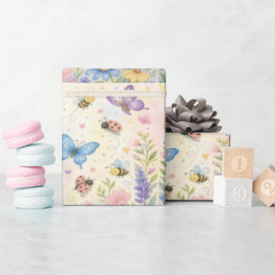 Whimsical Garden Butterfly Ladybug Bees Floral Wrapping Paper