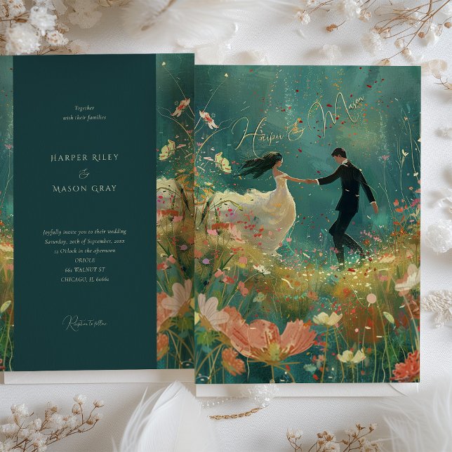 Whimsical Garden Dance - Teal and Coral Wedding Invitation (Creator Uploaded)
