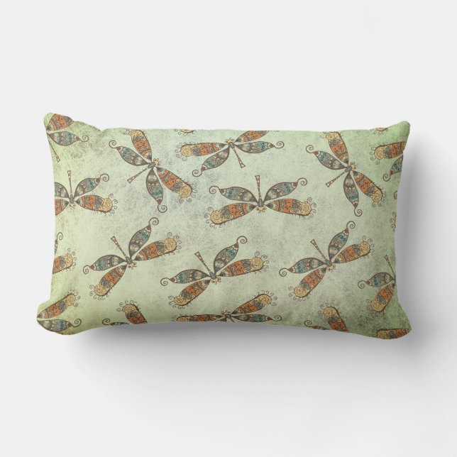 Whimsical Garden Dragonfly Pattern On Sage Green Lumbar Cushion (Front)