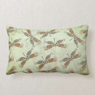 Whimsical Garden Dragonfly Pattern On Sage Green Lumbar Cushion