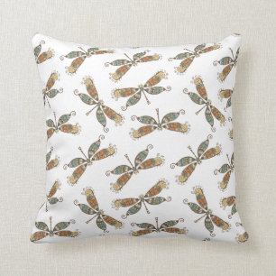 Whimsical Garden Dragonfly Pattern On White Cushion