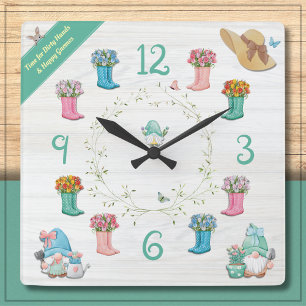 Whimsical Garden Gnome and Floral Boots Square Wall Clock