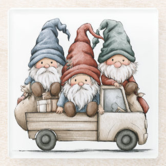 Whimsical Garden Gnomes On Truck Glass Coaster