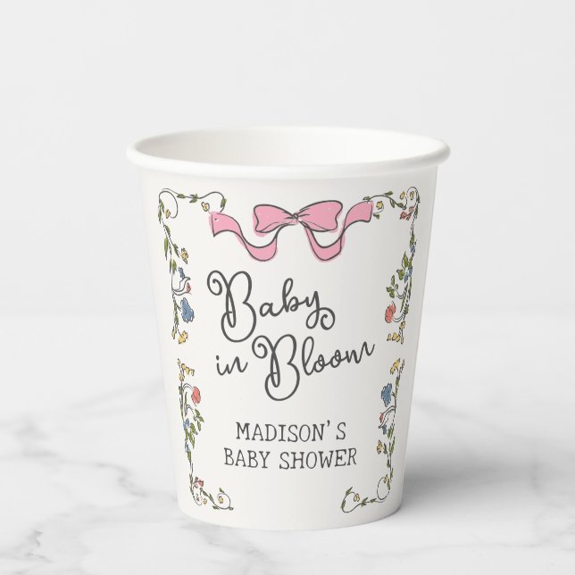 Whimsical Garden Party Doodle Floral Baby Shower Paper Cups (Back)