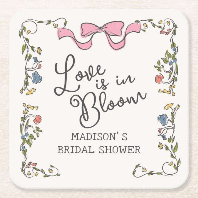 Whimsical Garden Party Doodle Floral Bridal Shower Square Paper Coaster (Front)