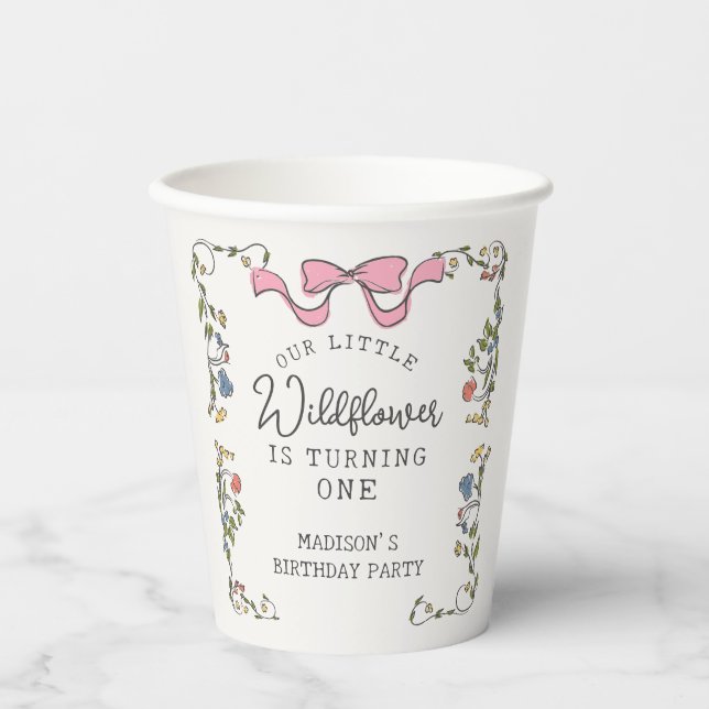 Whimsical Garden Party Floral Doodle Birthday Paper Cups (Front)