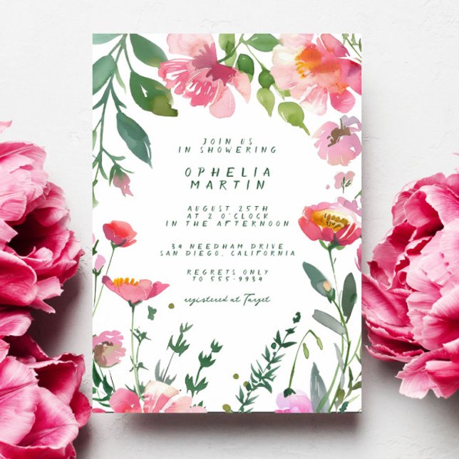 Whimsical Garden Pink Flowers Green Bridal Shower Invitation (Creator Uploaded)