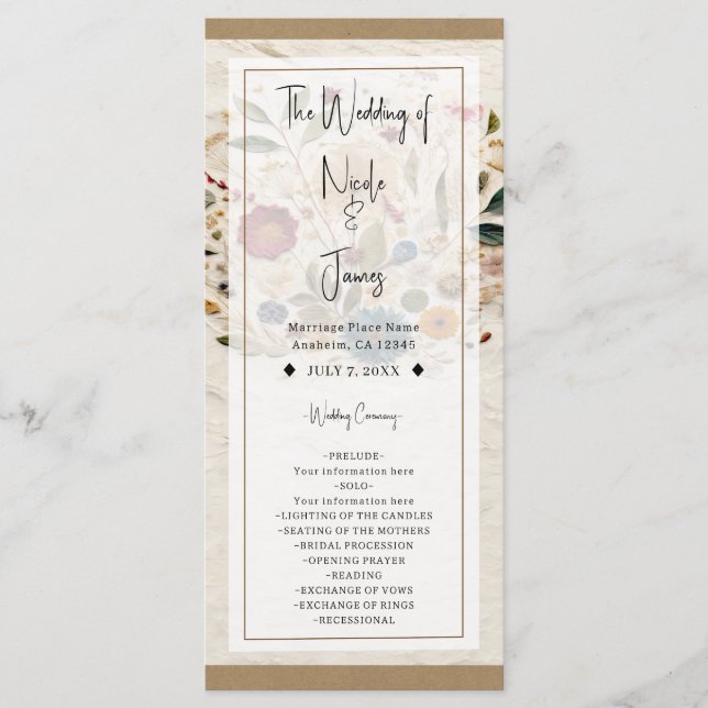 Whimsical Garden Pressed Flowers Bohemian Wedding Programme (Front)