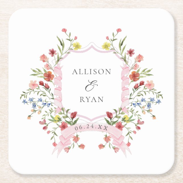 Whimsical Garden Wedding Crest Monogram Square Paper Coaster (Front)