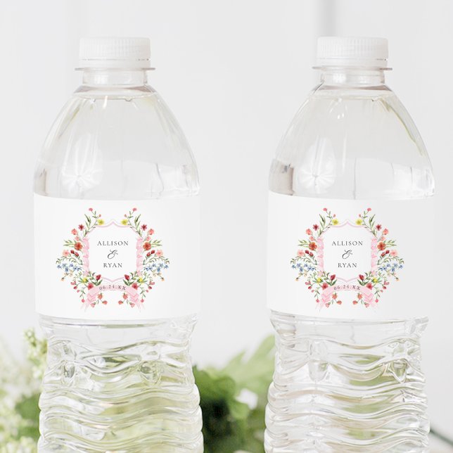 Whimsical Garden Wedding Crest Monogram Water Bottle Label (Creator Uploaded)