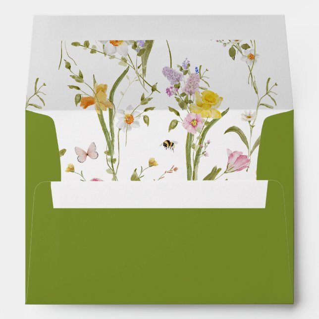 Whimsical Garden Wildflower Pattern Green Wedding  Envelope (Back (Bottom))