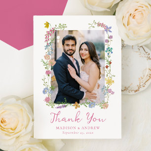 Whimsical Garden Wildflower Photo Wedding Thank You Card