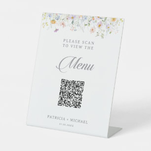 Whimsical Garden Wildflower QR Code Wedding Menu Pedestal Sign