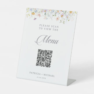 Whimsical Garden Wildflower QR Code Wedding Menu Pedestal Sign