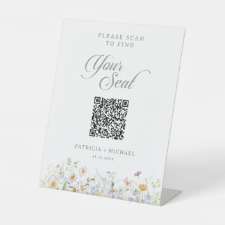 Whimsical Garden Wildflower Seating Chart QR Code Pedestal Sign