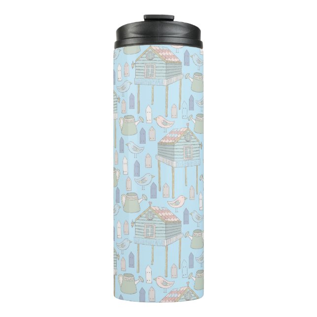 Whimsical Gardener Pattern on Blue Thermal Tumbler (Front)