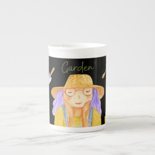 Whimsical Gardening Lady Watercolor Art Bone China Mug
