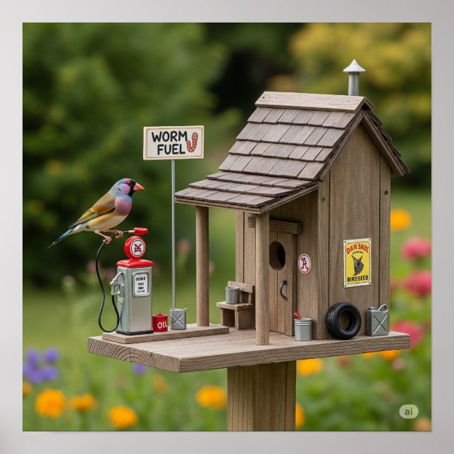 Whimsical Gas Station Birdhouse Poster (Front)