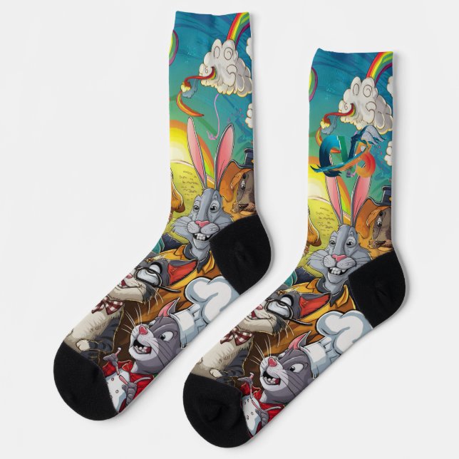 "Whimsical Gathering: A Cartoon Menagerie" Socks (Left)