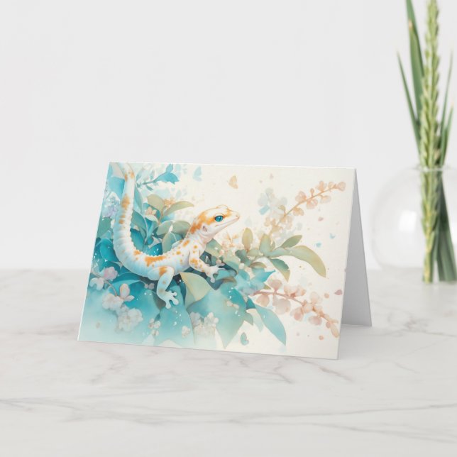 Whimsical Gecko Amongst Soft Pastel Leaves Card (Front)