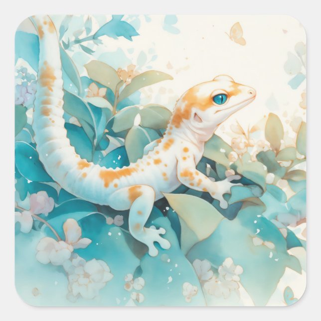 Whimsical Gecko Amongst Soft Pastel Leaves Square Sticker (Front)