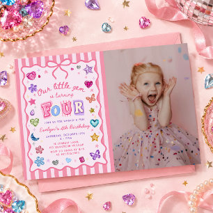 Whimsical Gemstone Jewel Girl 1st Birthday Photo Invitation